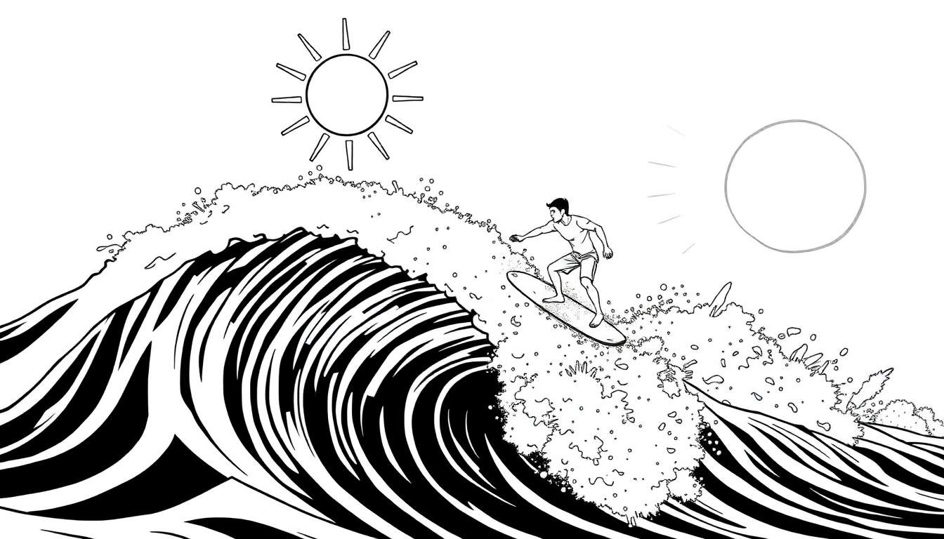 Um surfista em preto e branco desliza em uma onda com um sol no canto, color panel.