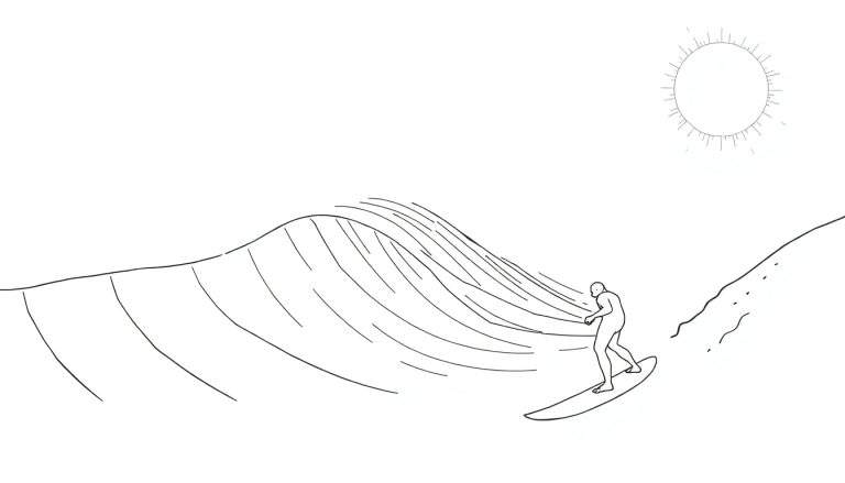 Desenho linear em preto e branco de um surfista a surfar uma onda estilizada sob um sol radiante, com uma costa ao fundo. Este color panel captura a essência do surf.