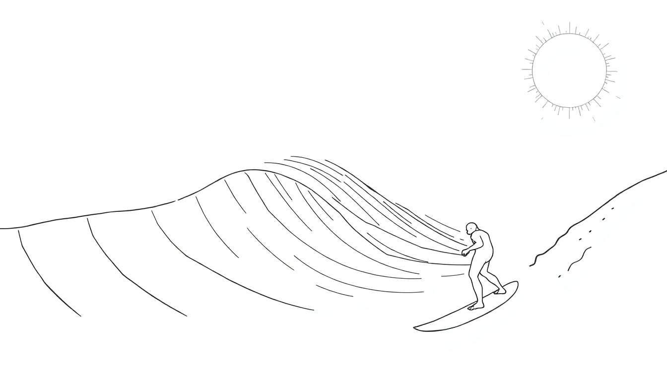 Desenho linear em preto e branco de um surfista a surfar uma onda estilizada sob um sol radiante, com uma costa ao fundo. Este color panel captura a essência do surf.