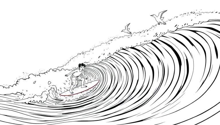 Um surfista corajoso desliza numa onda gigante, com gaivotas a voar.