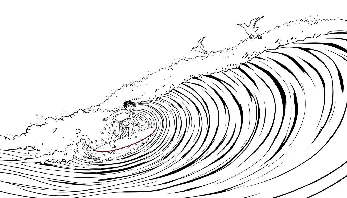 Um surfista corajoso desliza numa onda gigante, com gaivotas a voar.