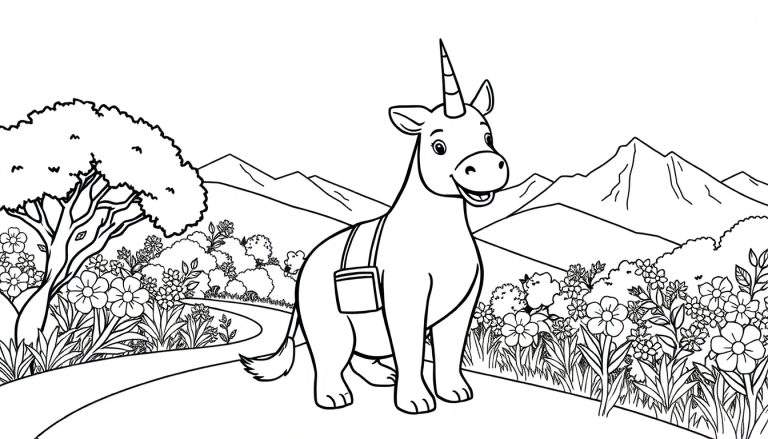 Um unicórnio preto e branco com um alforje em um caminho florido com montanhas ao fundo.