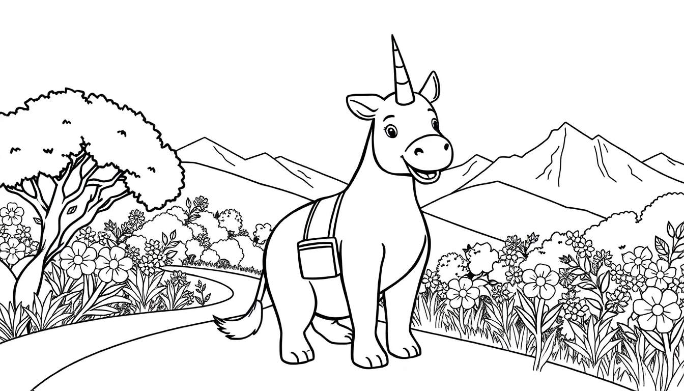 Um unicórnio preto e branco com um alforje em um caminho florido com montanhas ao fundo.