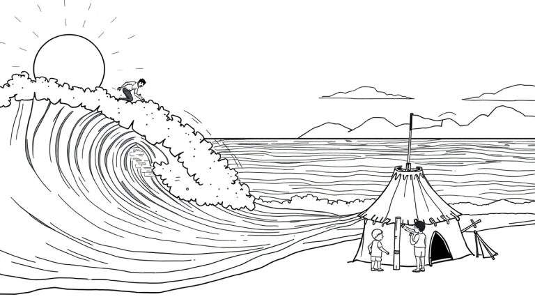 Página de colorir de desportos aquáticos com um surfista, um veleiro e crianças a construir um castelo na praia. Color panel.