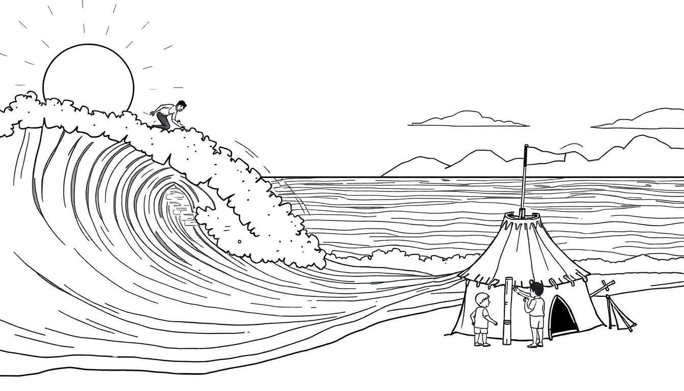 Página de colorir de desportos aquáticos com um surfista, um veleiro e crianças a construir um castelo na praia. Color panel.