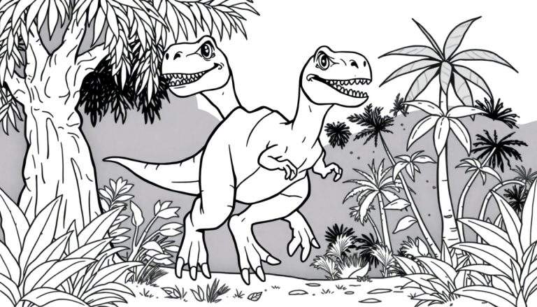 Um desenho de um dinossauro amigável de duas cabeças em uma selva colorida, pronto para ser colorido.