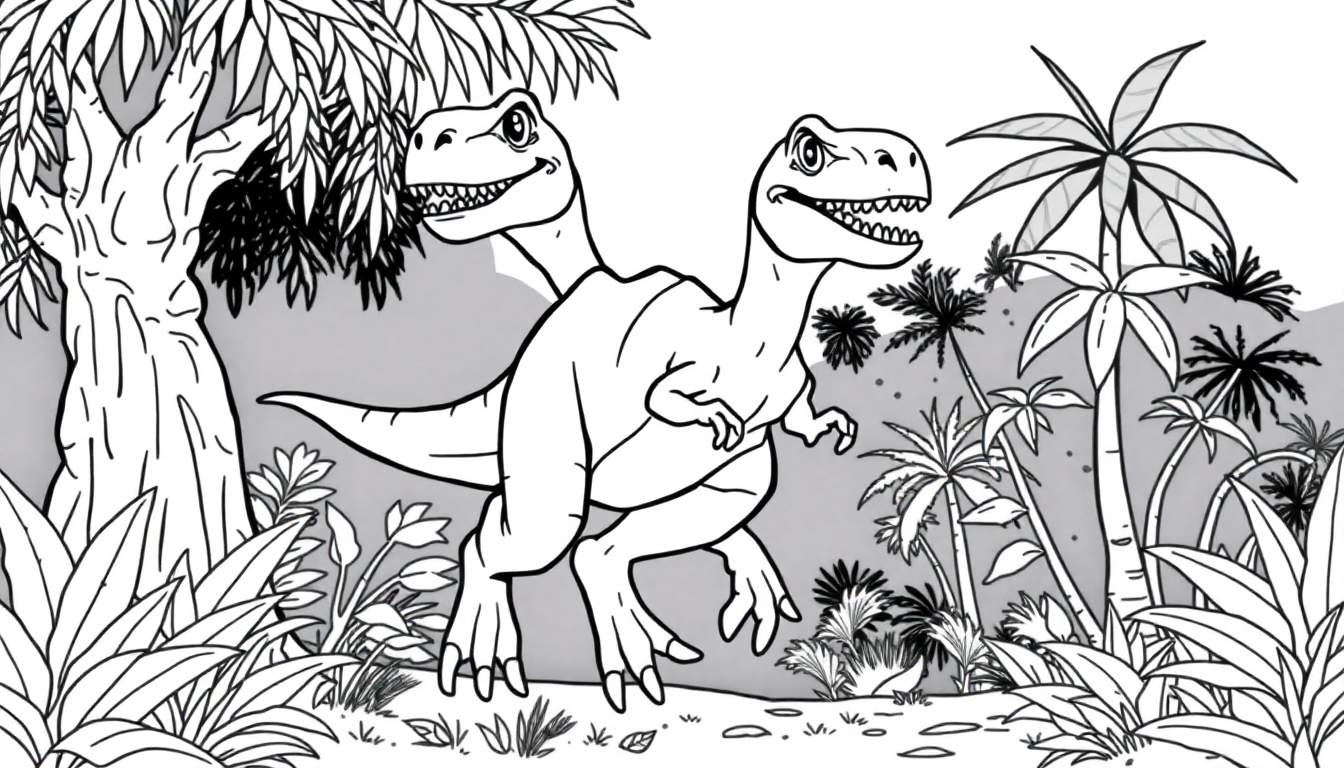 Um desenho de um dinossauro amigável de duas cabeças em uma selva colorida, pronto para ser colorido.