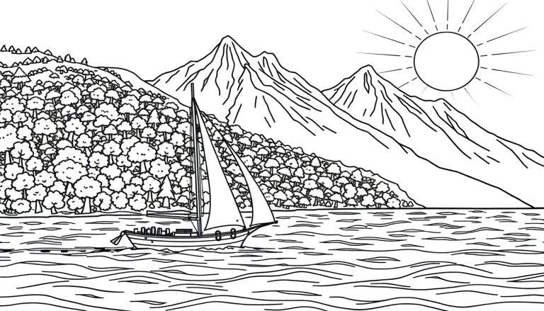 Um veleiro preto e branco navega em um mar com linhas onduladas, em direção a uma costa arborizada com montanhas ao fundo. Um sol estilizado com raios está no canto superior direito.