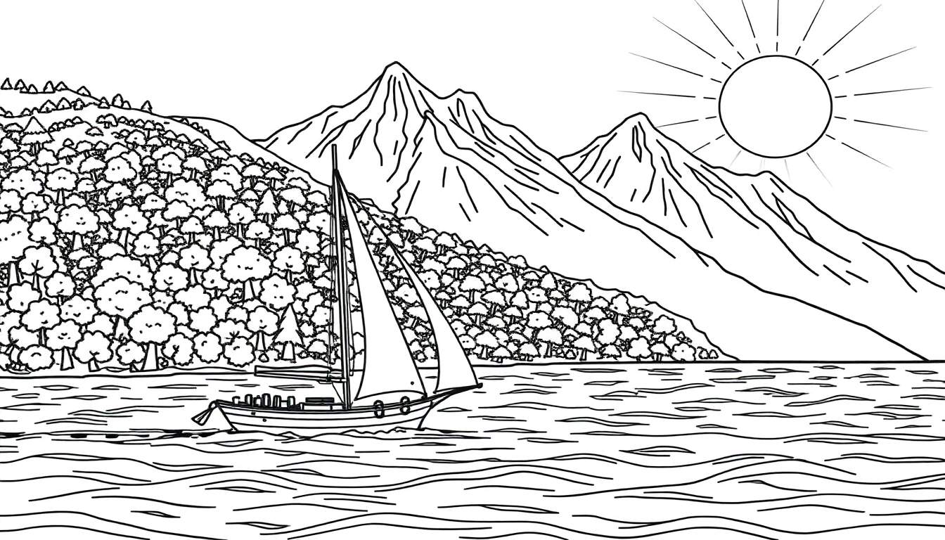Um veleiro preto e branco navega em um mar com linhas onduladas, em direção a uma costa arborizada com montanhas ao fundo. Um sol estilizado com raios está no canto superior direito.