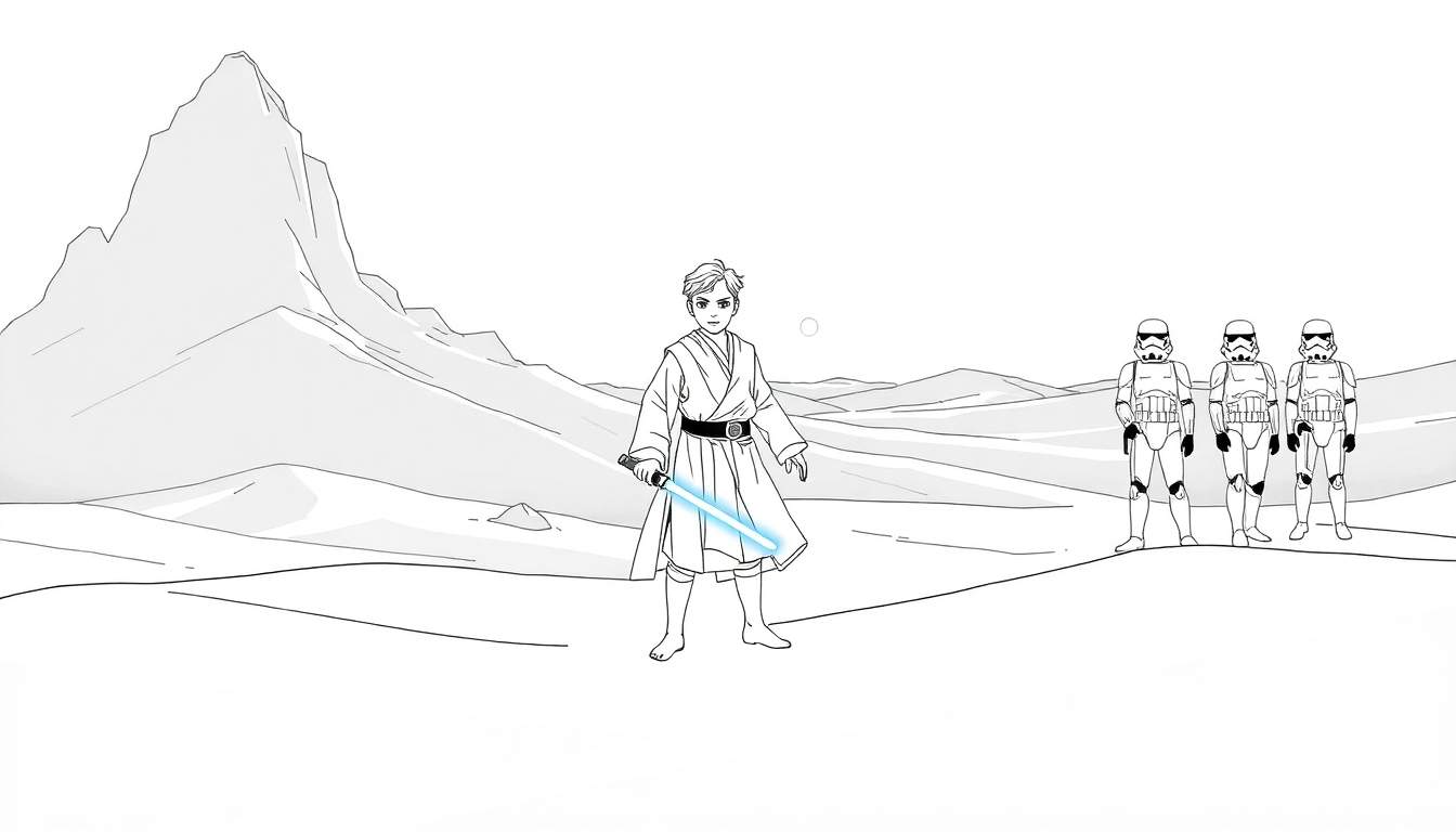 Um jovem Jedi em um planeta deserto com um sabre de luz azul, enquanto Stormtroopers se aproximam ao fundo.