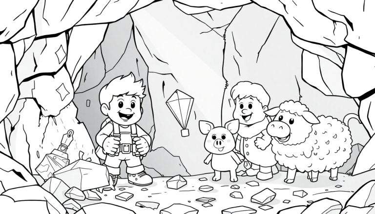 Desenho em preto e branco de uma página para colorir com Steve e Alex em uma caverna, com um porco e uma ovelha sorrindo e um diamante no ar. O color panel mostra uma cena de mineração.