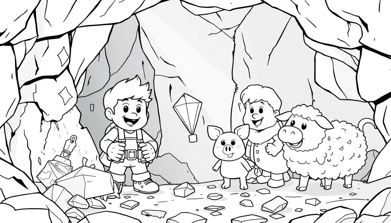 Desenho em preto e branco de uma página para colorir com Steve e Alex em uma caverna, com um porco e uma ovelha sorrindo e um diamante no ar. O color panel mostra uma cena de mineração.