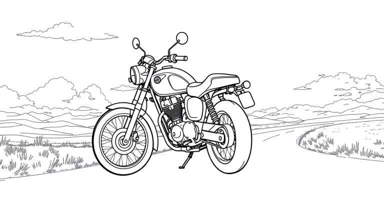 Uma motocicleta café racer preta e branca em uma estrada sinuosa com colinas e nuvens. color panel.