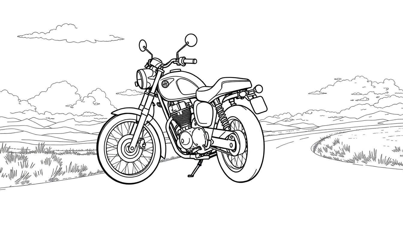 Uma motocicleta café racer preta e branca em uma estrada sinuosa com colinas e nuvens. color panel.