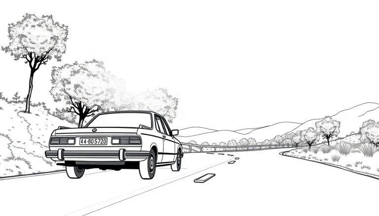 Um carro clássico numa estrada sinuosa, desenhado para colorir.