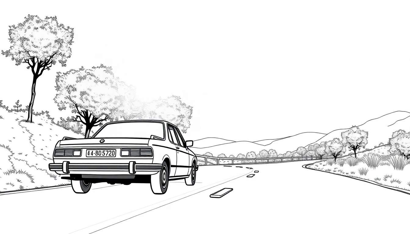 Um carro clássico numa estrada sinuosa, desenhado para colorir.