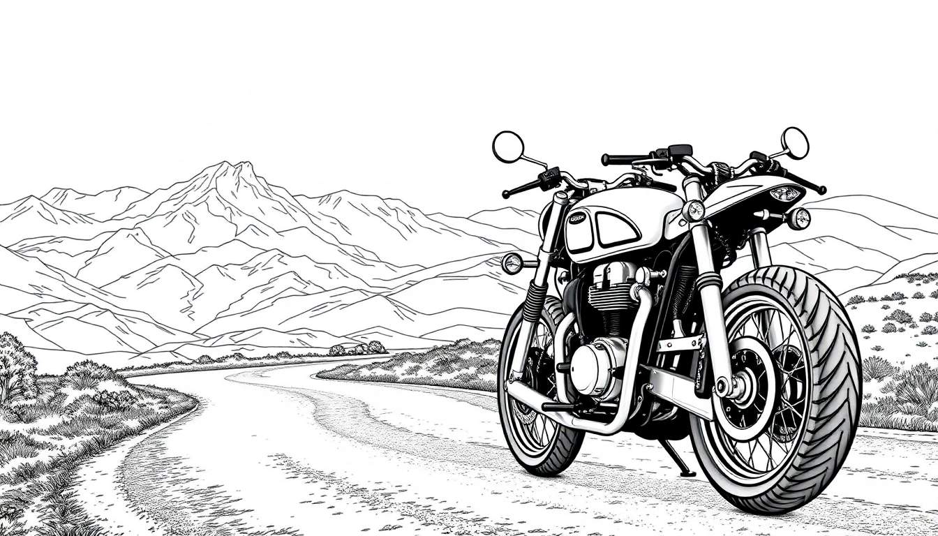 Ilustração em preto e branco de uma motocicleta clássica numa estrada rural com montanhas ao fundo.