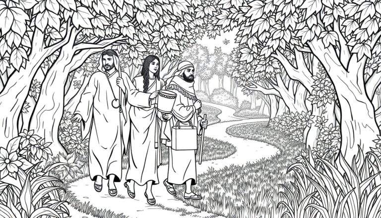Um grupo de peregrinos com chapéus pontudos caminha por uma floresta com um caminho sinuoso, pronto para colorir.