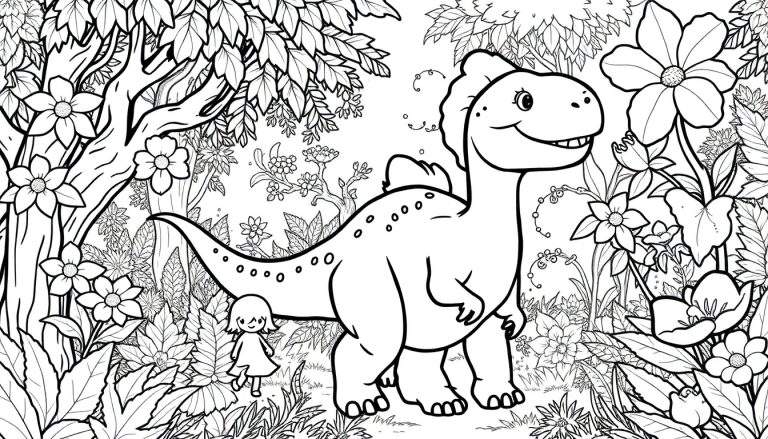 Ilustração de um dinossauro amigável e uma criança numa floresta para colorir, mostrando um color panel.