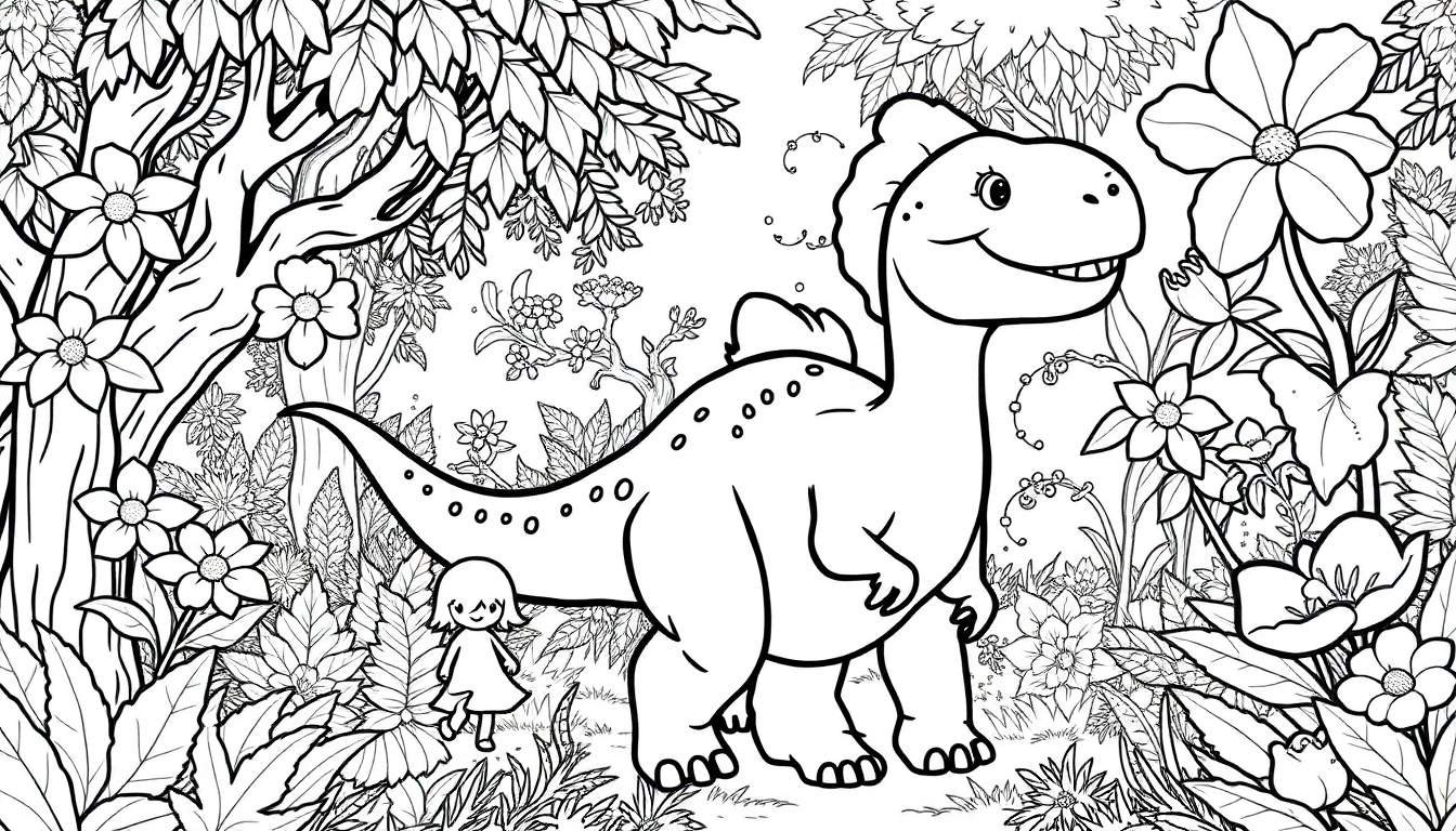 Ilustração de um dinossauro amigável e uma criança numa floresta para colorir, mostrando um color panel.