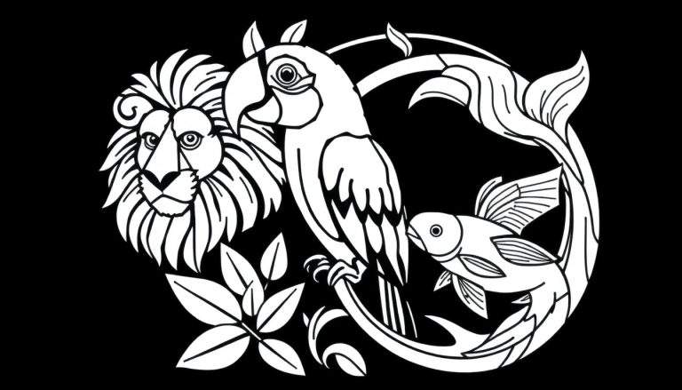 Um leão, papagaio e peixe em um círculo, com folhas e videiras, em um estilo de corte de papel em preto e branco. Painel de cores para colorir.