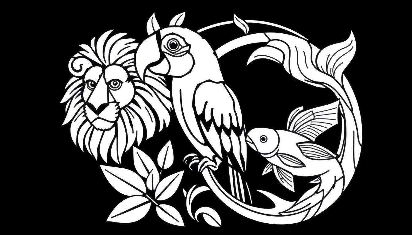 Um leão, papagaio e peixe em um círculo, com folhas e videiras, em um estilo de corte de papel em preto e branco. Painel de cores para colorir.