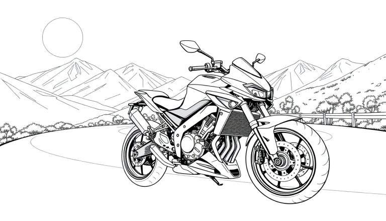 Desenho a preto e branco de uma moto desportiva numa estrada sinuosa com montanhas.