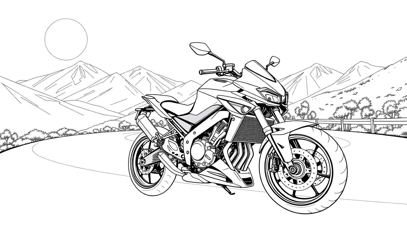 Desenho a preto e branco de uma moto desportiva numa estrada sinuosa com montanhas.