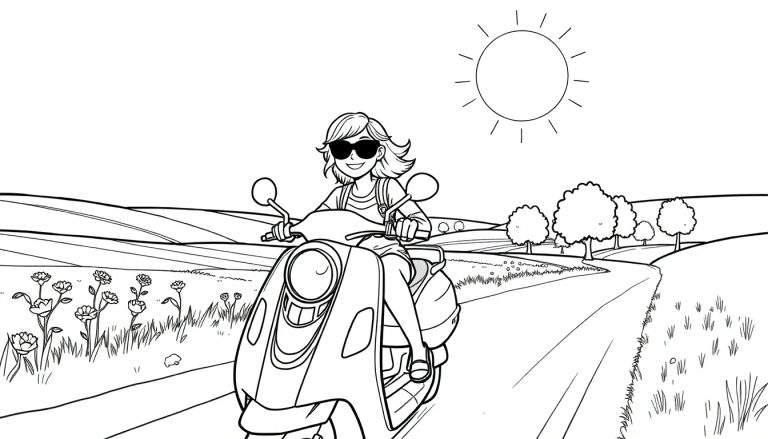 Mulher sorridente de óculos escuros a conduzir uma scooter moderna num caminho rural sinuoso, com colinas e árvores, sob um sol radiante. Inclui um color panel para seleção de cores.