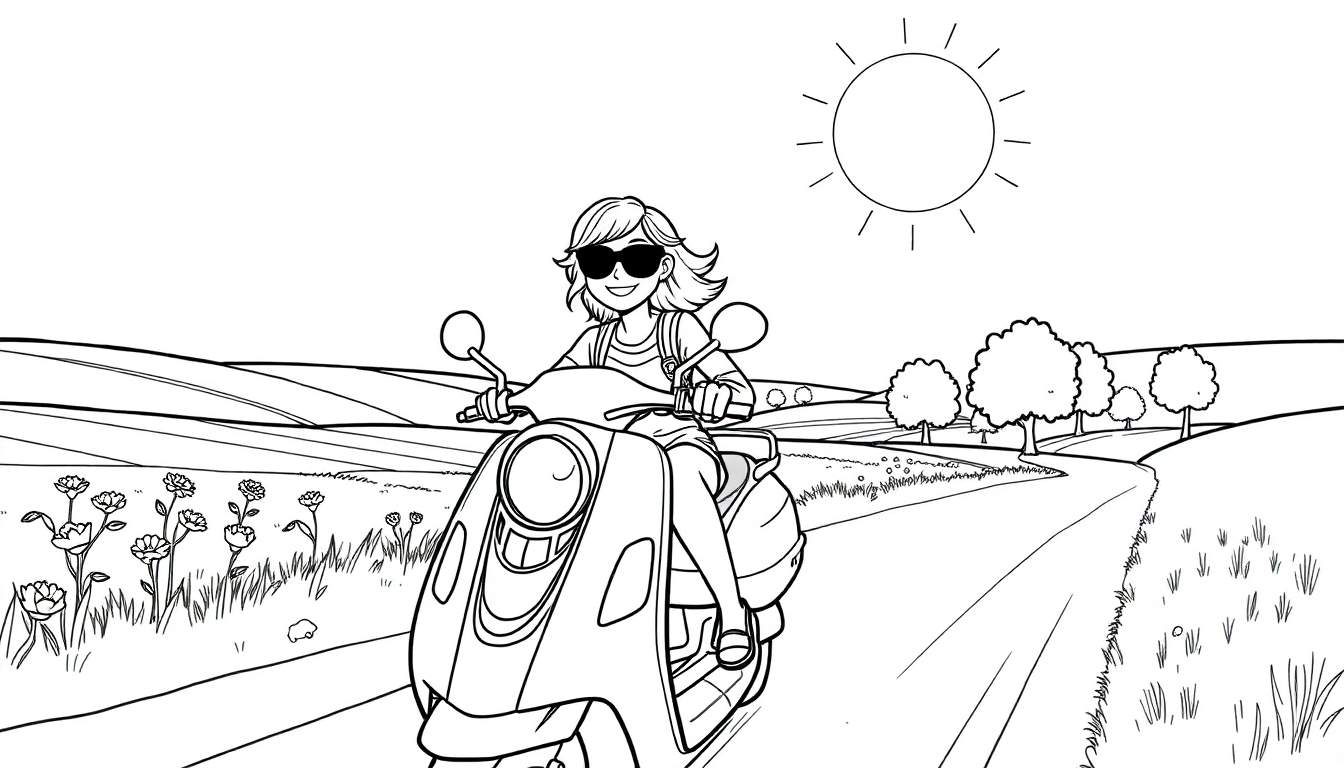 Mulher sorridente de óculos escuros a conduzir uma scooter moderna num caminho rural sinuoso, com colinas e árvores, sob um sol radiante. Inclui um color panel para seleção de cores.