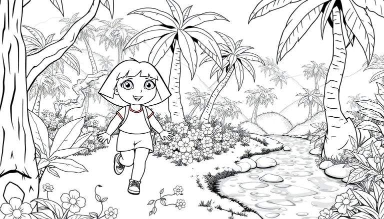 Desenho em preto e branco de Dora a exploradora correndo na selva com uma paisagem tropical exuberante e um riacho.