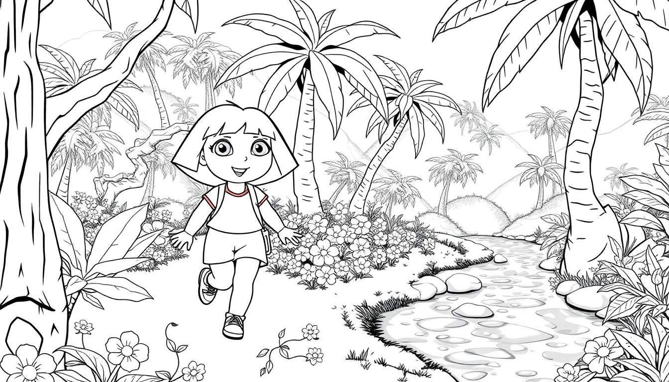 Desenho em preto e branco de Dora a exploradora correndo na selva com uma paisagem tropical exuberante e um riacho.