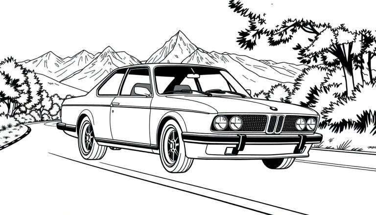 Carro clássico BMW em estrada montanhosa, desenho preto e branco para colorir.