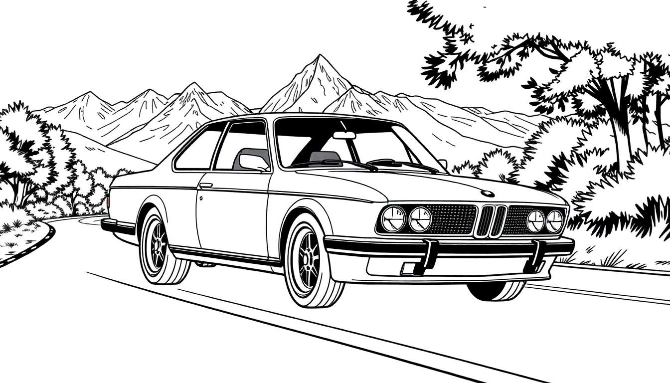Carro clássico BMW em estrada montanhosa, desenho preto e branco para colorir.