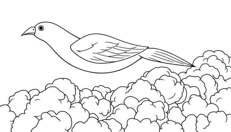 Um pássaro preto e branco voando sobre nuvens fofas em um desenho simples.