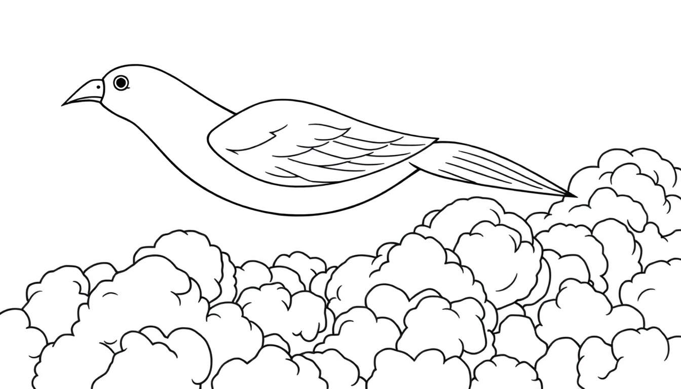 Um pássaro preto e branco voando sobre nuvens fofas em um desenho simples.