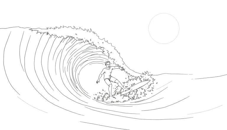 Desenho em preto e branco de um surfista dentro de um tubo de onda com o sol ao fundo, com um toque de color panel.