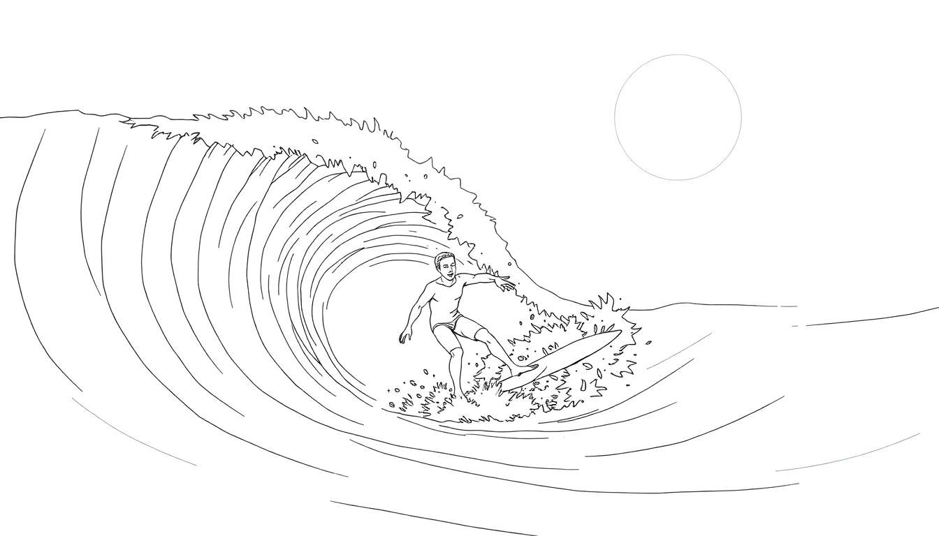 Desenho em preto e branco de um surfista dentro de um tubo de onda com o sol ao fundo, com um toque de color panel.