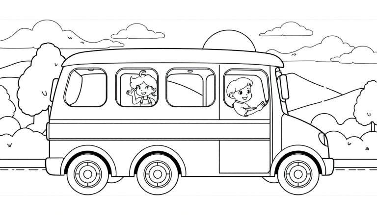 Desenho de um autocarro amarelo com duas crianças, uma a dirigir e outra a acenar, numa estrada com montanhas ao fundo. Inclui um color panel.
