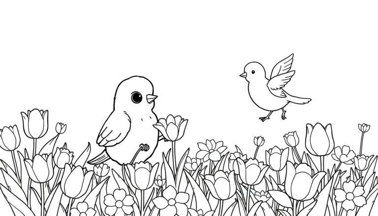 Um coelhinho fofo e seu amigo esquilo brincando em um campo florido. O coelho tem orelhas compridas e o esquilo uma cauda cheia. Um pássaro voa e outro pousou em uma tulipa.