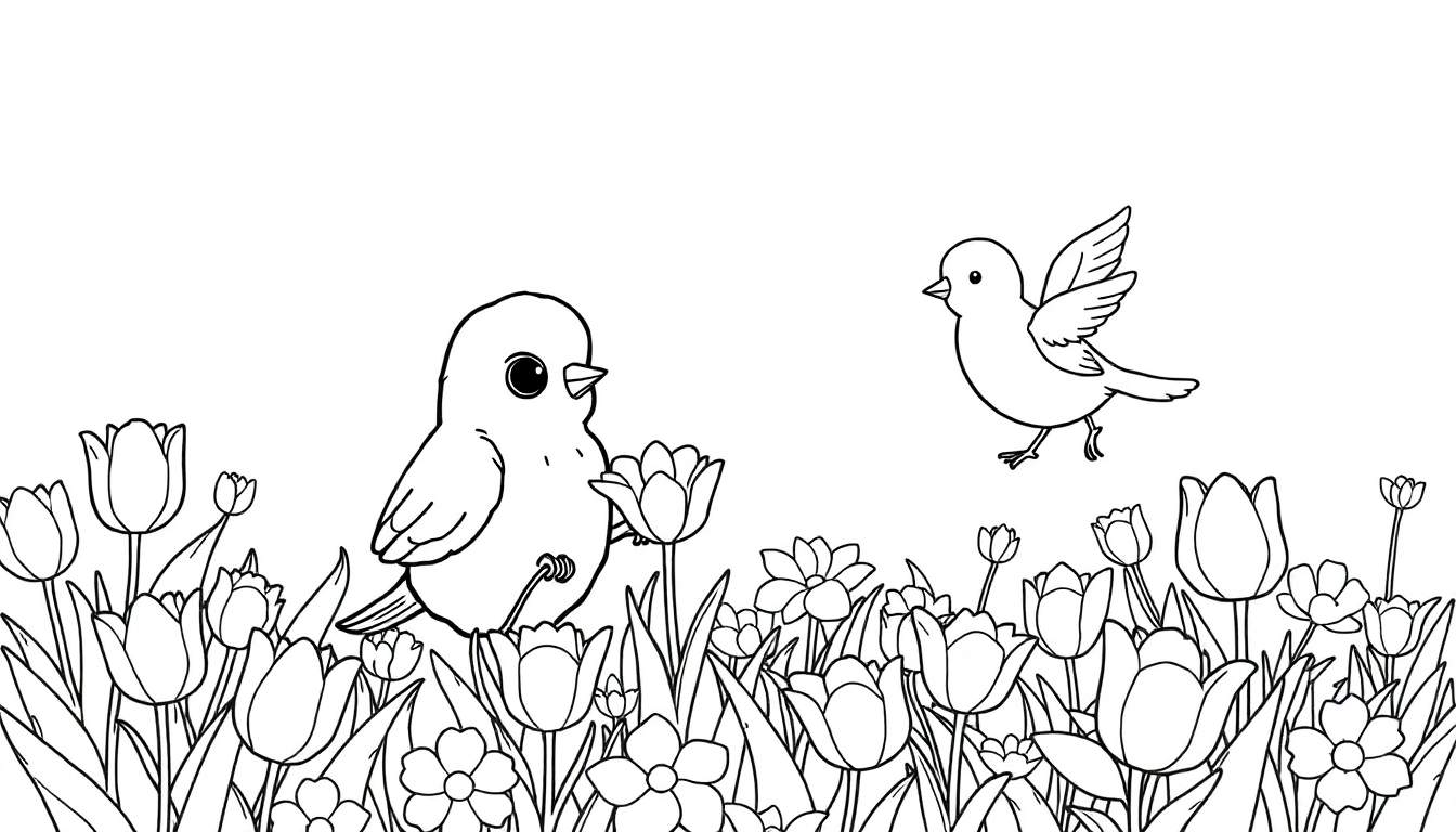Um coelhinho fofo e seu amigo esquilo brincando em um campo florido. O coelho tem orelhas compridas e o esquilo uma cauda cheia. Um pássaro voa e outro pousou em uma tulipa.