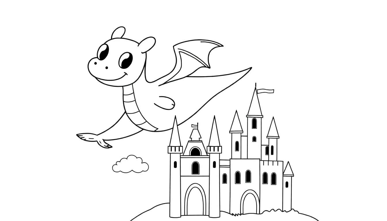 Desenho a traço de um castelo no topo de uma colina com um dragão amigável a voar por perto, um color panel.