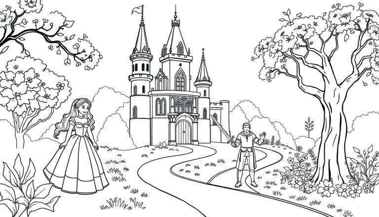 Um desenho em preto e branco de um castelo com uma princesa e um príncipe, como em um color panel.