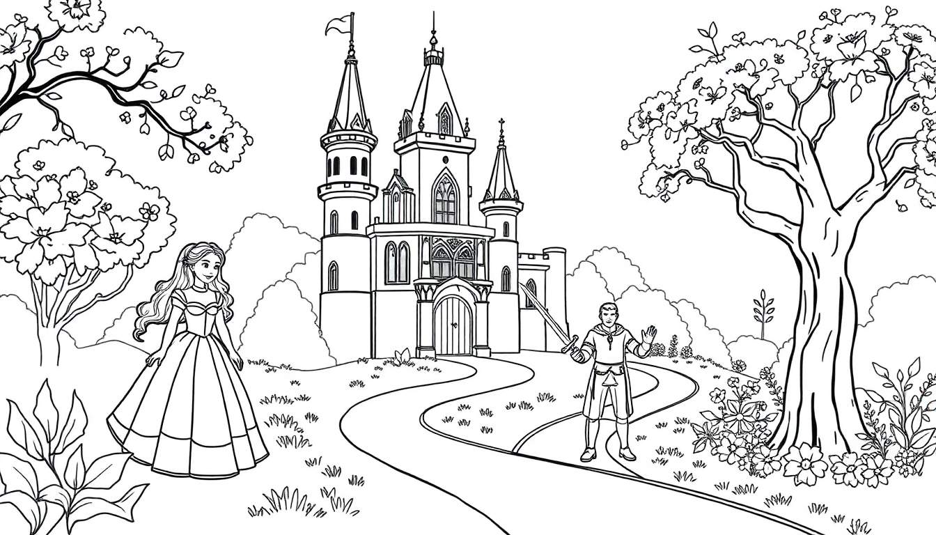Um desenho em preto e branco de um castelo com uma princesa e um príncipe, como em um color panel.