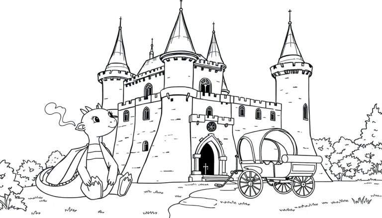 Um castelo com torres altas, um pequeno dragão sentado à esquerda e uma carruagem antiga à direita, tudo rodeado por árvores e grama. Ideal para um color panel.