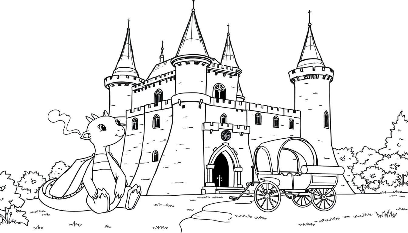 Um castelo com torres altas, um pequeno dragão sentado à esquerda e uma carruagem antiga à direita, tudo rodeado por árvores e grama. Ideal para um color panel.