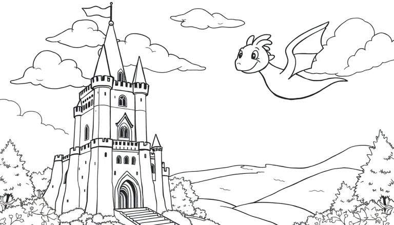 Um castelo mágico com torres altas, um dragão sorridente voando e um color panel à espera de ser pintado.