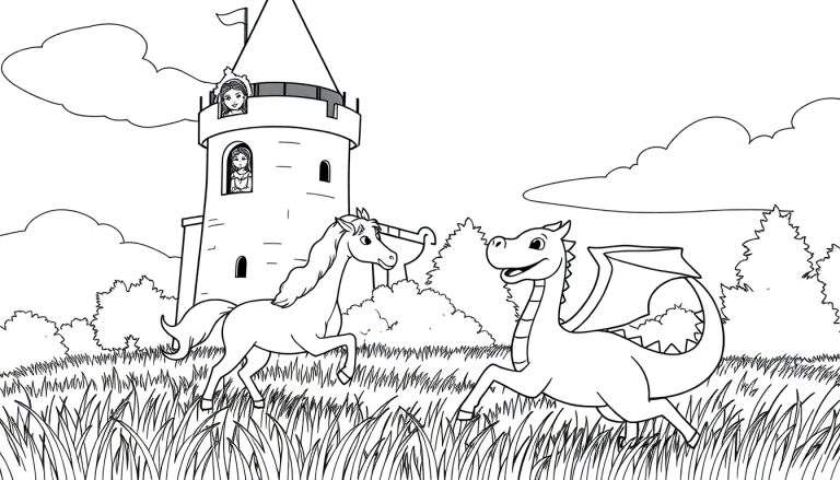 Desenho de linha de um castelo mágico com uma princesa numa janela, um cavalo branco e um dragão amigável a correr num campo verde, num color panel.