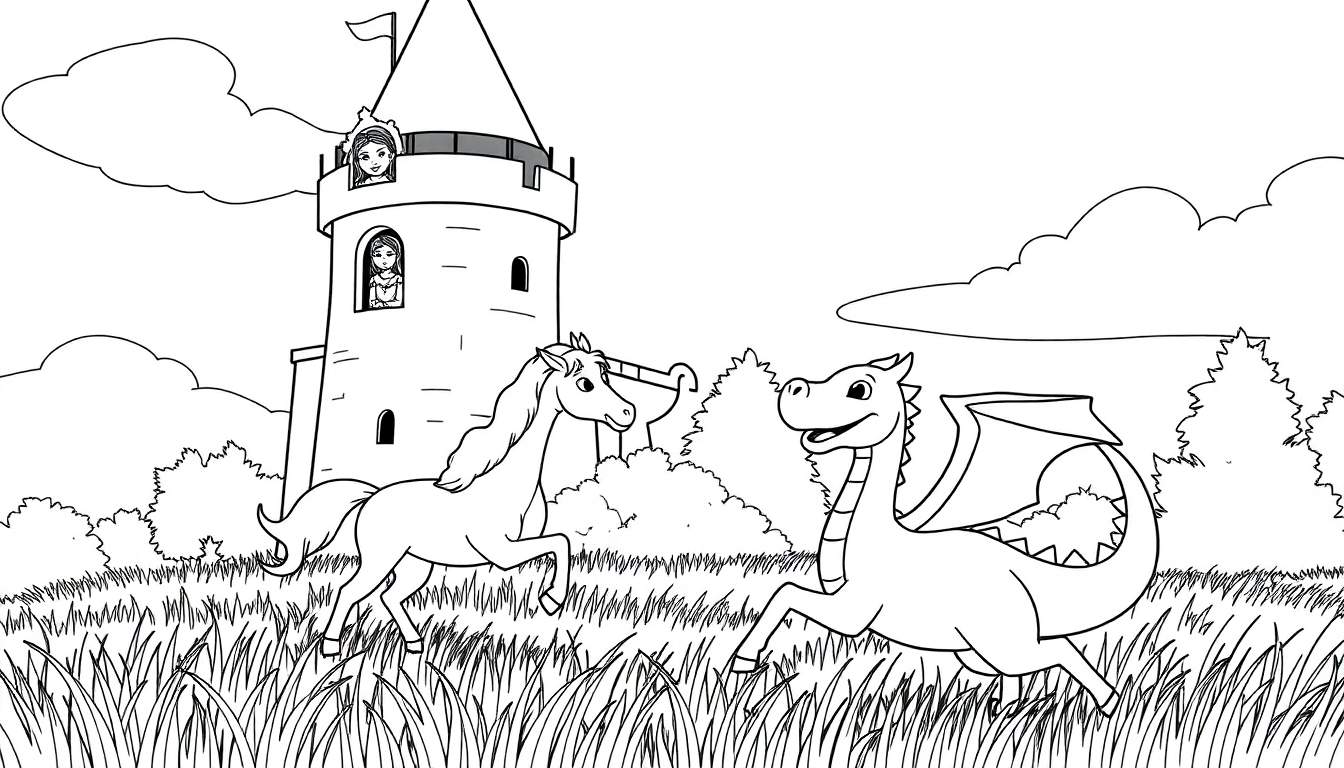 Desenho de linha de um castelo mágico com uma princesa numa janela, um cavalo branco e um dragão amigável a correr num campo verde, num color panel.