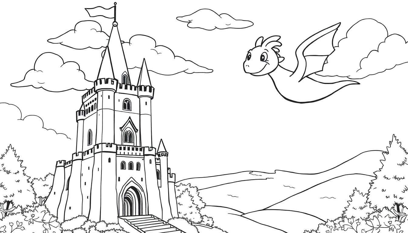 Um castelo mágico com torres altas, um dragão sorridente voando e um color panel à espera de ser pintado.